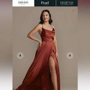David’s Bridal 12 Cinnamon charmeuse cowl bridesmaid dress w/lace up back